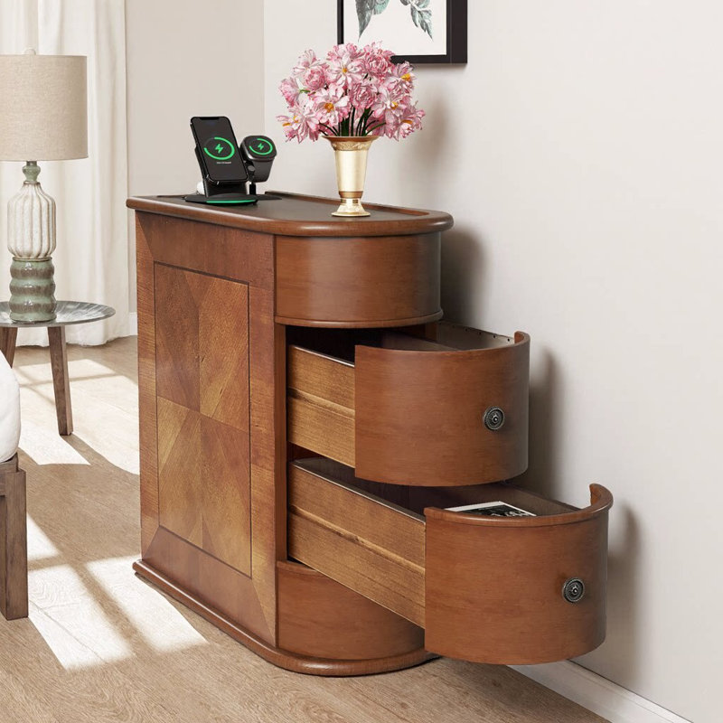 Table de bout 23,6 po avec station de charge, 2 prises CA et 2 ports USB, 2 tiroirs, aucun assemblage requis, Brun