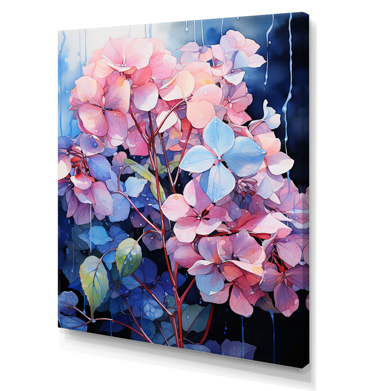 Hortensias bleus et mauves I, H 44 po x l 34 po x P 1,5 po, Toile tendue