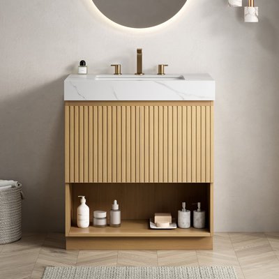 Meuble-lavabo 36 po, meuble autoportant, comptoir en pierre frittée crème et vasque en céramique avec 3 trous de robinet pré-percés, assemblé, robinet et drain exclus, couleur chêne Corolla