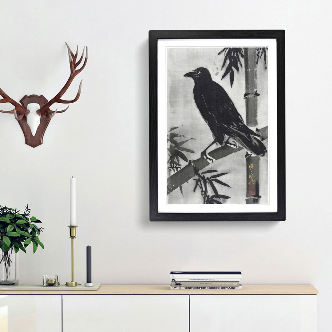 Crow on a Bamboo Branch by Kawanabe Kyosai - Framed Print