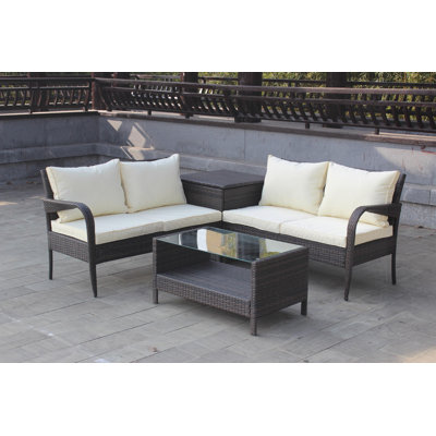 Jobie 46.5"" Wide Outdoor Wicker Patio Sectional with Cushions -  Red Barrel StudioÂ®, 5387BDD7F16D4EE8A686D411B3493E36