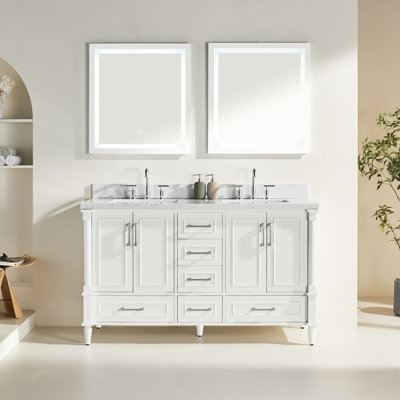 Meuble-lavabo double de 60 po entièrement assemblé avec cadre en bois massif blanc, plateau en marbre d'ingénierie et charnières à fermeture en douceur, avec armoire et système, deux poignées de couleur différente
