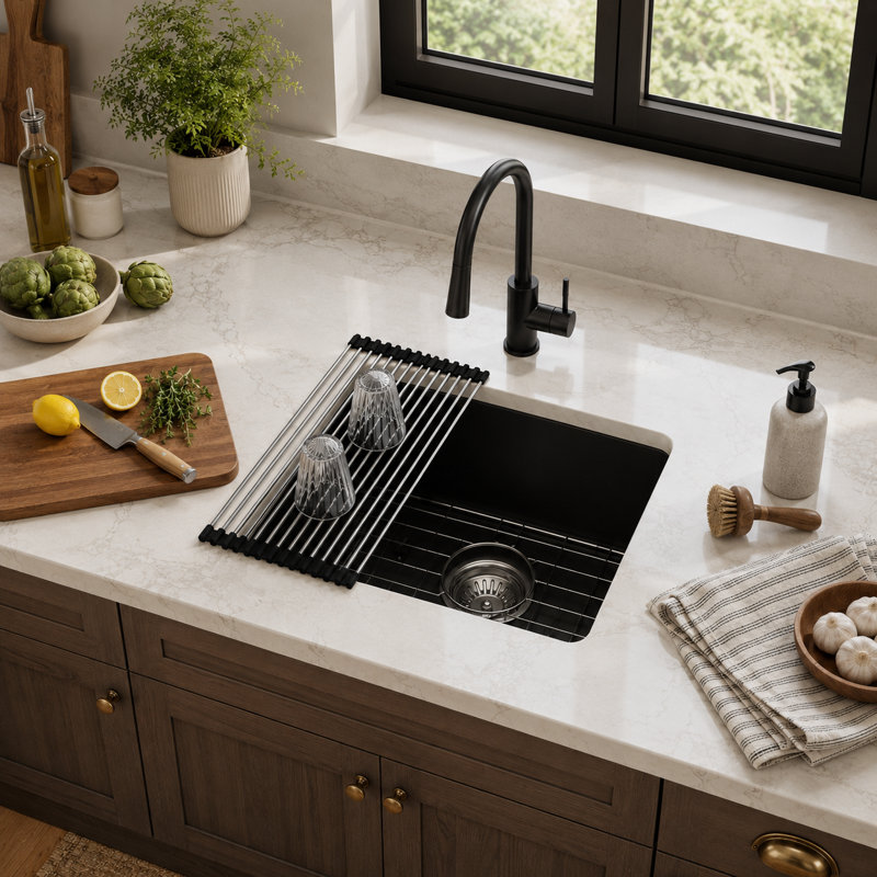 Évier de cuisine encastré en quartz noir mat 17 po x l 17 po, cuve de préparation en composite de granite avec grille d'évier, crépine et support à enrouler