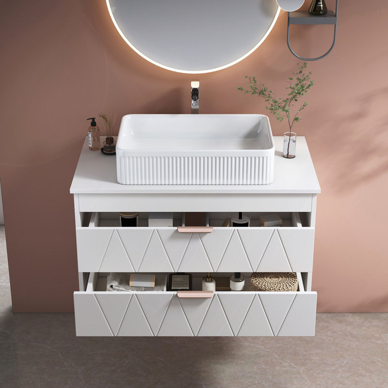 Meuble-lavabo flottant contemporain de 31,5 po avec lavabo vasque en céramique et armoire de rangement - parfait pour les petites salles de bain