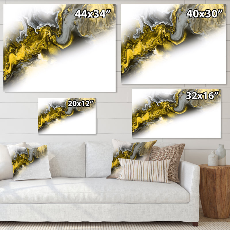 Vague de marbre jaune et gris sur blanc - peinture sur toile, H 12 po x l 20 po, Toile tendue
