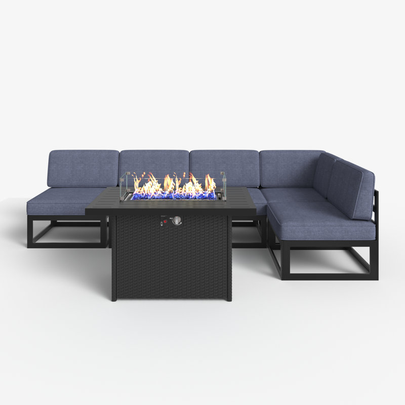 6 - Piece Outdoor Modular Sectional Set with Fire Table, Navy Blue
