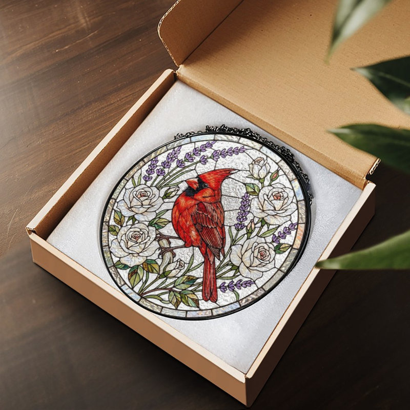 Oiseau cardinal rouge (10) vitrail pour fenêtre, 7,8 x 7,8 po (20 x 20 cm)