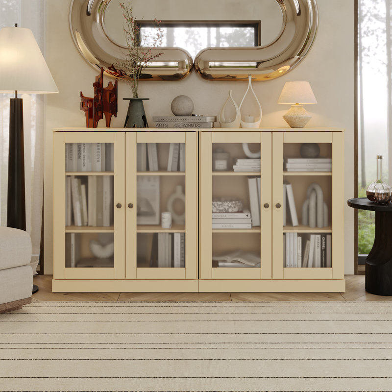 100% Solid Wood 64" Sideboard with Frosted Glass Doors and Adjustable Shelves, Sage