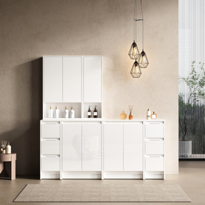 Meuble-lavabo autoportant de 72 po, 4 armoires de rangement et 2 armoires murales, tiroirs à fermeture en douceur, contreplaqué blanc brillant pour un décor esthétique
