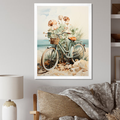 Vélo rétro bleu avec panier sur la plage I, reproduction d'art sur toile