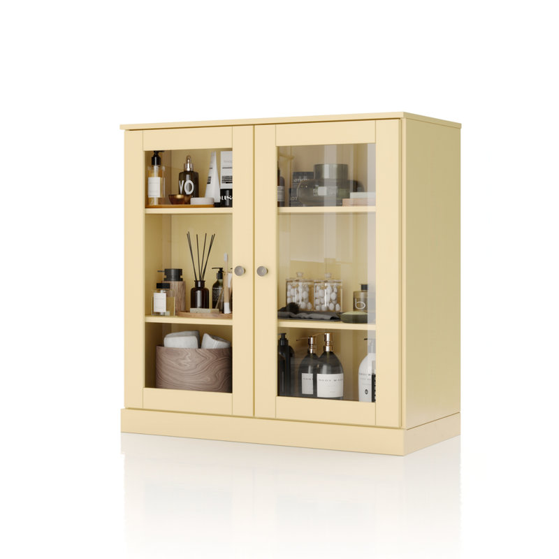 100% Solid Wood 32" Bathroom Cabinet with Clear Glass Doors and Adjustable Shelves, Yellow