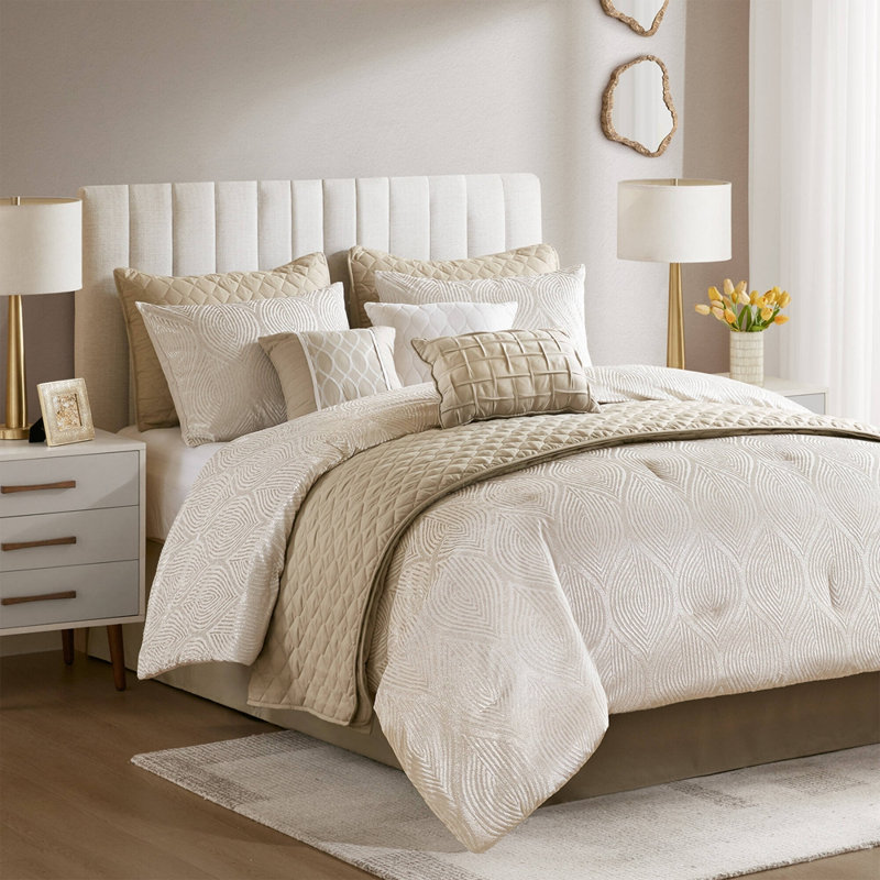 Ensemble d'édredon 10 pièces en jacquard pour grand lit, Champagne, Queen Sheet Set with 9 Additional Pieces