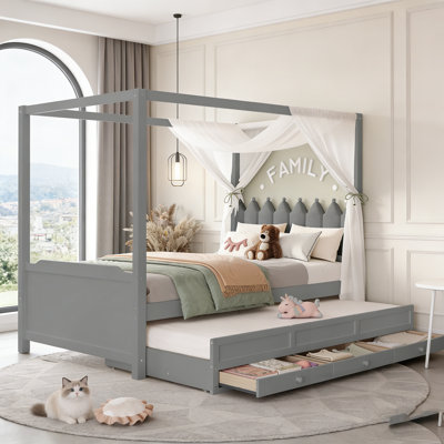 Lit plateforme avec tête de lit tapissier, lit gigogne et 3 tiroirs, cadre de lit à baldaquin princesse pour enfants, rangement et assemblage facile