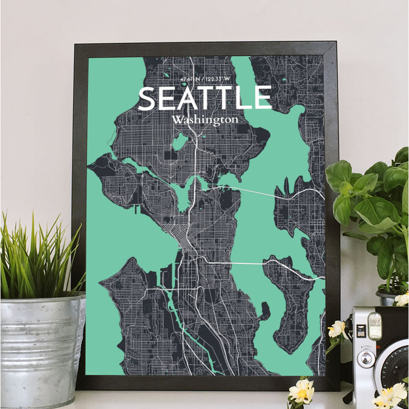 Seattle City Map - Unframed Graphic Art Print on Paper, 50.8cm H x 40.6cm W x 0.1cm D, Blue/Black