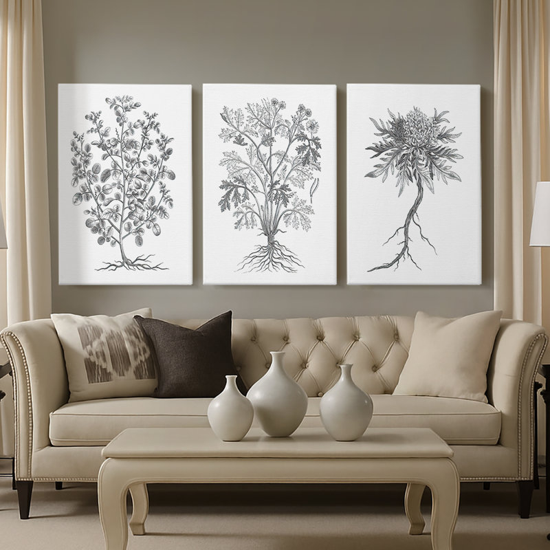 B&W Plant Spechantillon I - Toile tendue sur mesure avec châssis - 3 pièces, H 48 po x l 96 po
