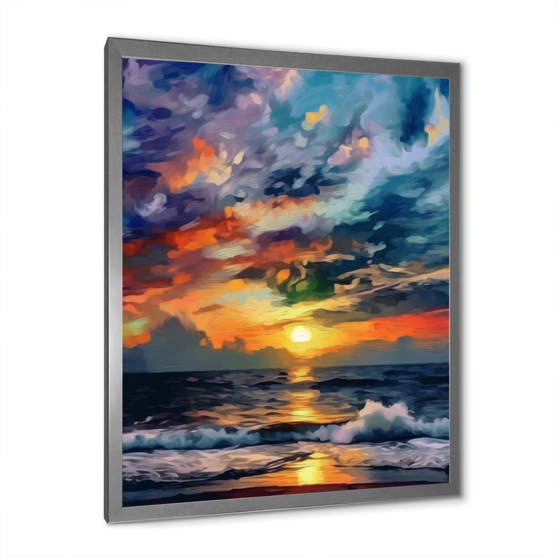 «Majestic Sunset Wild Waves Breaking At Shore», reproduction d'art sur toile, H 32 po x l 16 po x P 1 po, Cadre photo argenté