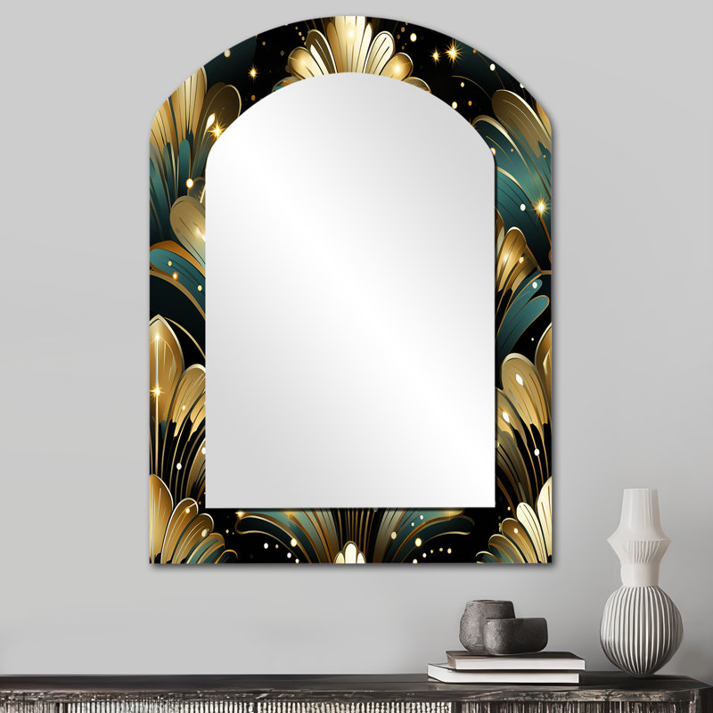 Miroir mural arqué riche et or et émeraude Art Deco, 34 po x 25 po