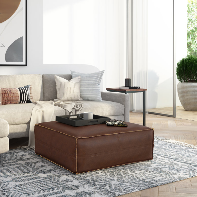 Brody 36"W Vegan Leather Extra Large Square Coffee Table Pouf, Distressed Dark Brown Faux Leather