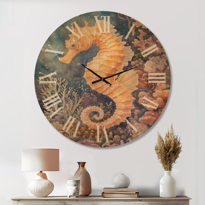 Très grande horloge murale nautique en bois - Hippocampe dans un jardin aquatique