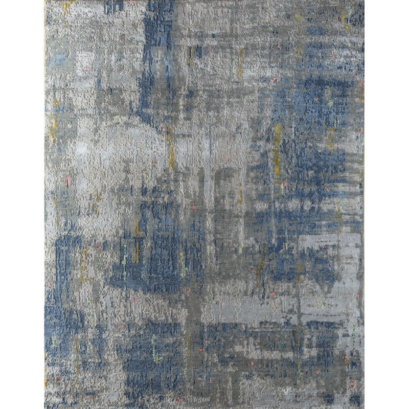 Tapis bleu abstrait noué à la main 8 pi x 10 pi
