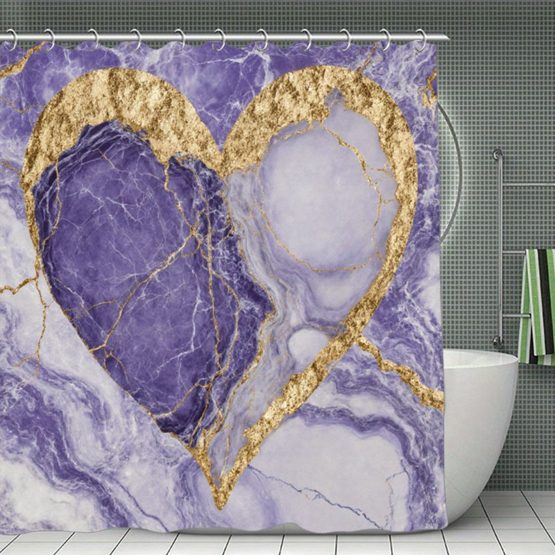Rideaux de douche mauve à motif de cœurs mauves et dorés, L 72 po x l 72 po, or lavande