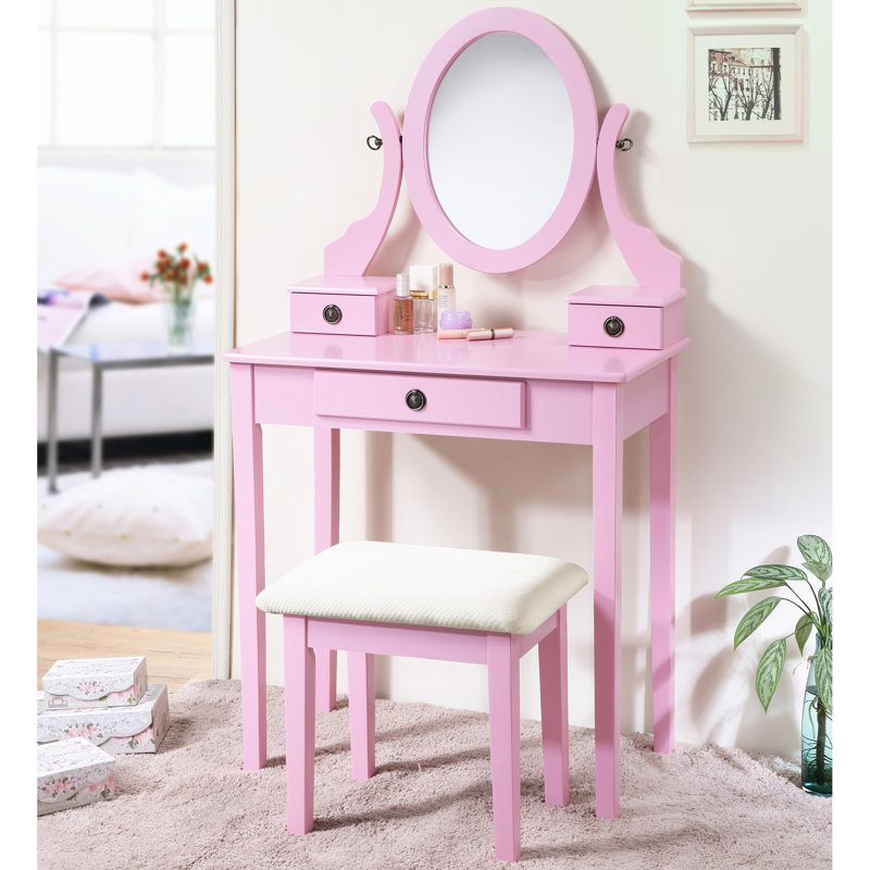 Bureau de coiffeuse Chic Chic - rangement à 3 tiroirs, miroir réglable, fabrication en bois et tiroirs à tabouret, tendance ovale, éclat