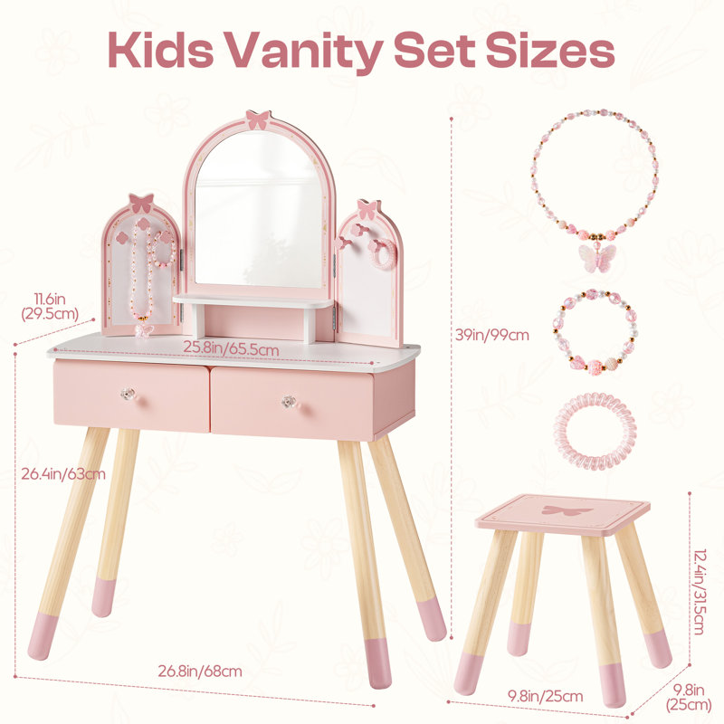 Kids Butterfly 2-pc Makeup Vanity Table & Stool, Pink