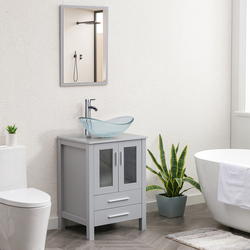 Azaree 24'' Single Bathroom Vanity with Manufactured Wood Top, Gray, Clear