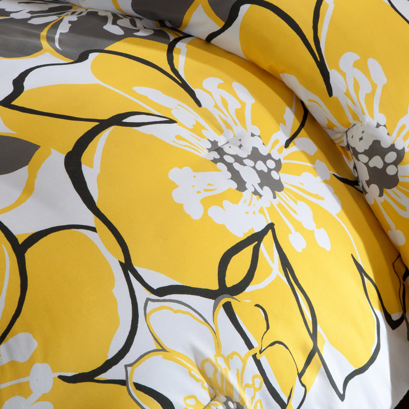 Allison Floral Comforter Set with Throw Pillow, Full/Queen Comforter + 2 Shams + Throw Pillow, Yellow/Gray/Black