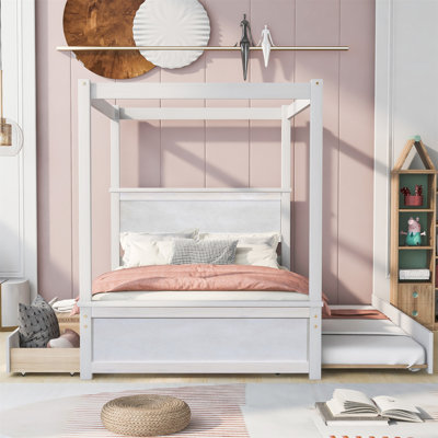 Wood Canopy Bed With Trundle Bed And Two Drawers ,Full Size Canopy Platform Bed With Support Slats .No Box Spring Needed