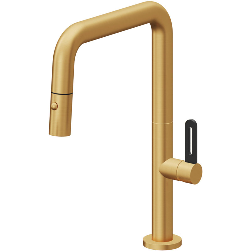 Pull-Down Kitchen Faucet With Button Sprayer - Quad Spout, Lifetime Satin Gold, Black Flat Blade