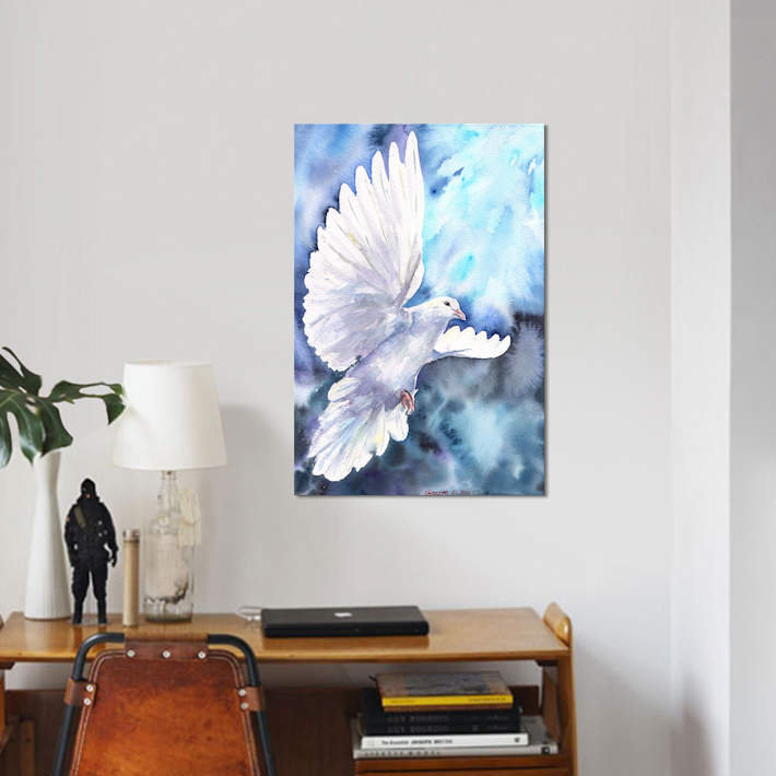 «White Dove» par George Dyachenko, reproduction sur toile, H 26 po x l 18 po x P 1,5 po, Toile avec cadre noir, Pas de tapis