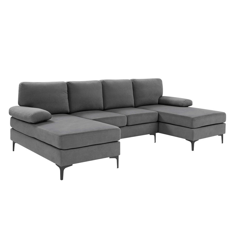 Polyester Blend Upholstered U-Shape Sectional With Metal Legs, Dark Gray Polyester Blend