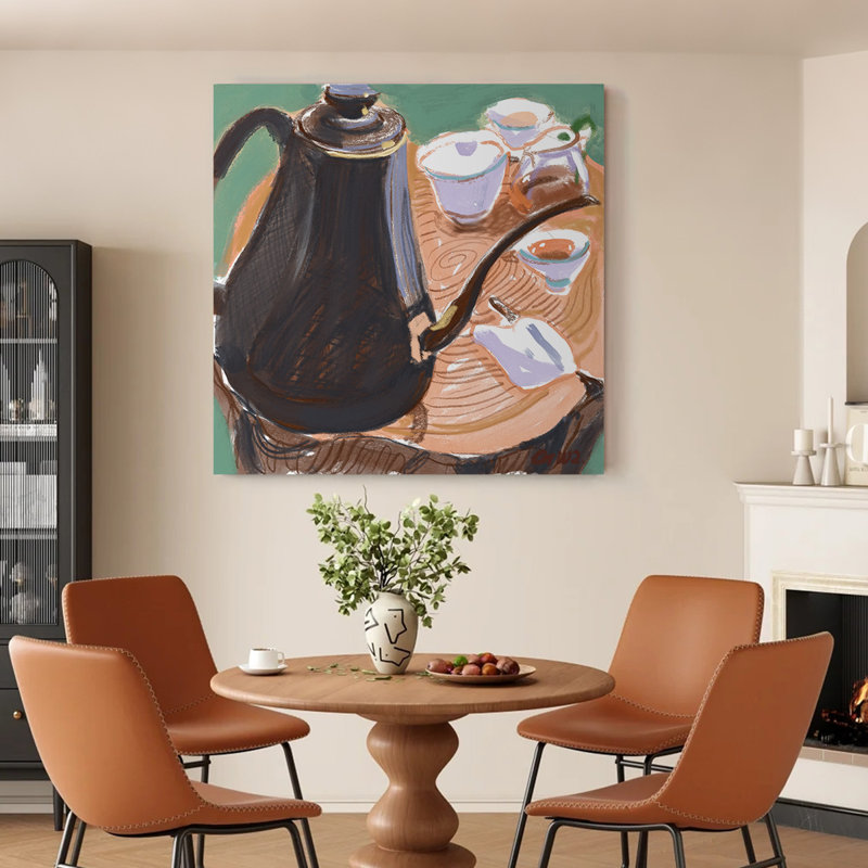 «Rustic Kettle and Teacups», reproduction d'art sur toile tendue, 16" H x 16" W