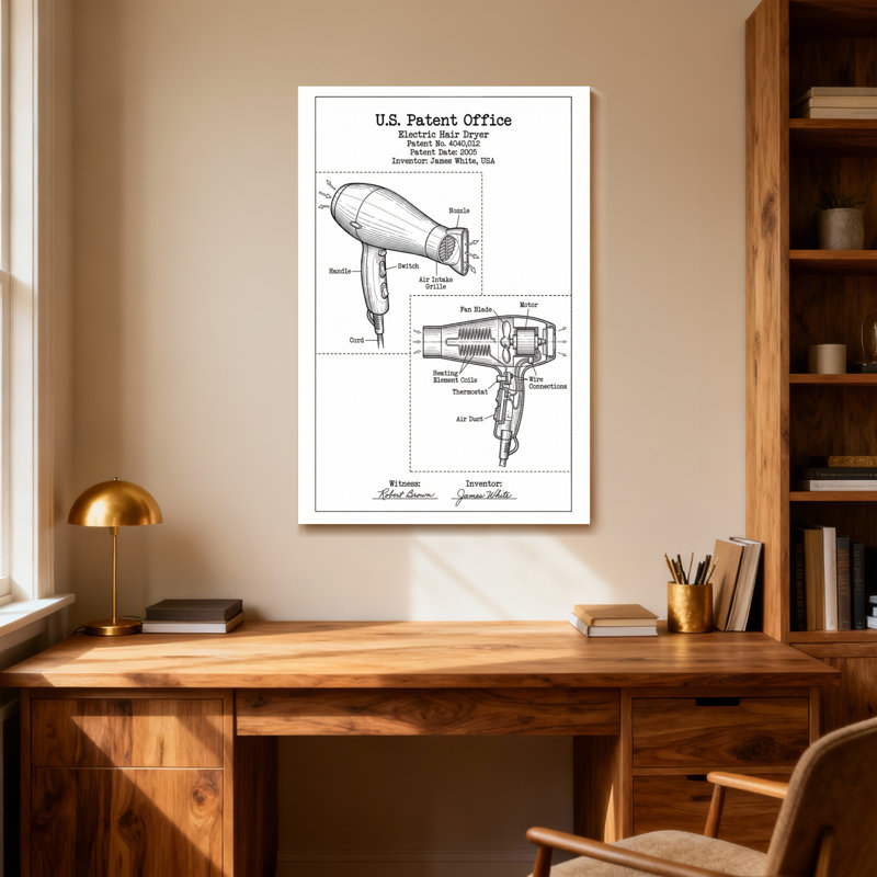 Bath & Laundry U.S. Patent Office Electric Hair Dryer Diagram, 24" H x 36" W