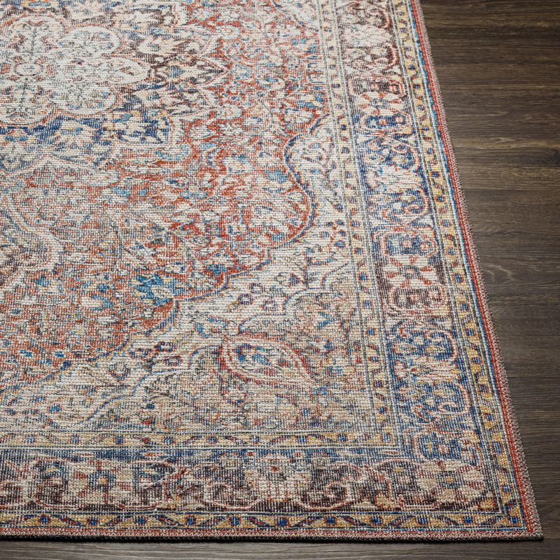 Tapis oriental rouge / bleu / ivoire lavable à la machine Bria, Rectangle 9 pi 3 po x 12 pi