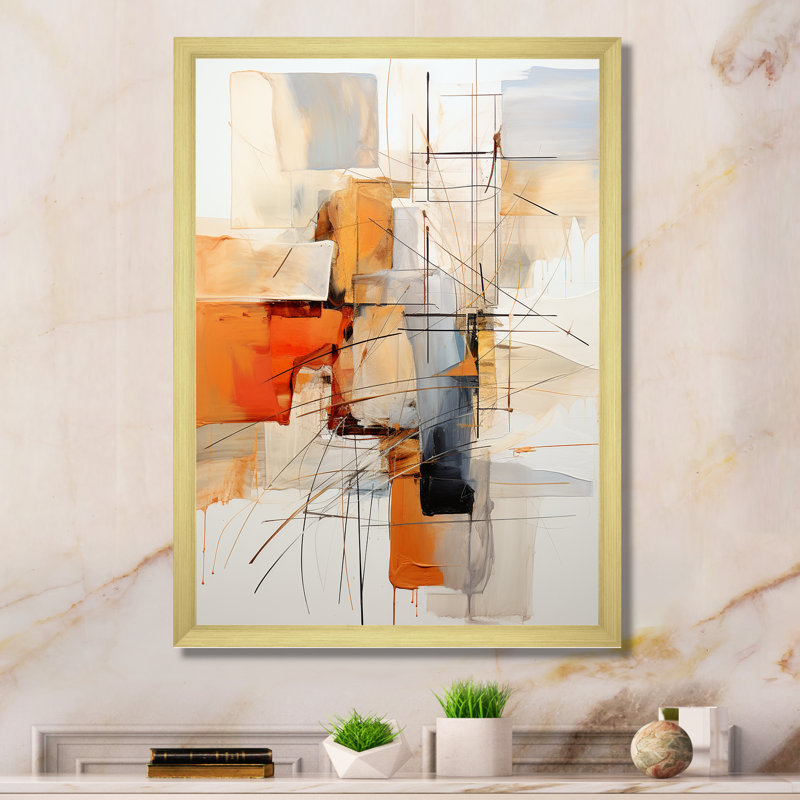 Orange orange et gris, art abstrait sur toile, Impression encadrée, H 44 po x l 34 po, Doré