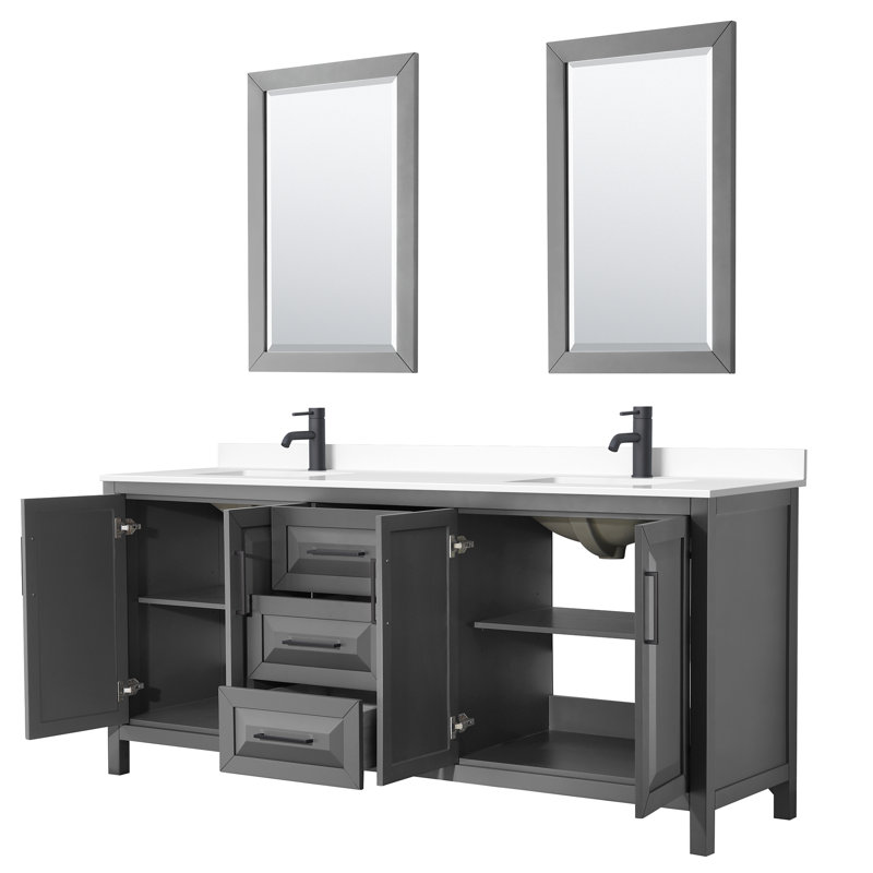Daria 80'' Double Bathroom Vanity with Marble Top, Dark Gray, White Cultured Marble, Matte Black