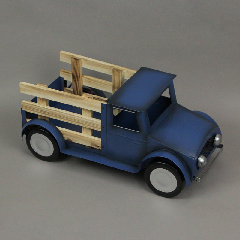 Support à plante de camion rustique en métal et bois rustique 15,5 pouces de long - bleu