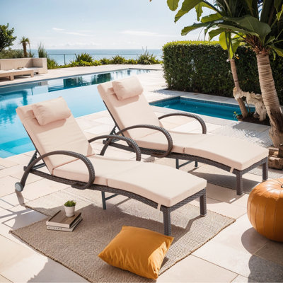 Outdoor Lounge Chairs Set Of 2,Adjustable 5-Position Outdoor Chaise Lounge With Armrests & Wheels For Poolside, Backyard, Deck
