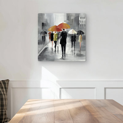 Street Scene with Umbrellas - Gray Bedroom Metal Print Decor