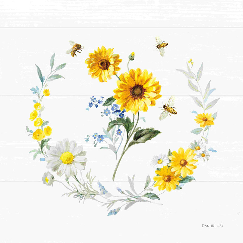 «Bees and Blooms Flowers V with Wreath», reproduction sur toile tendue, H 36 po x l 36 po