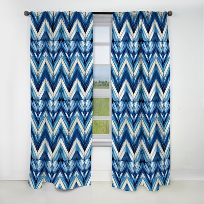 Vintage Cobalt Blue White Chevron Geometric II - Abstract Geometric Velvet Blackout Curtain 1 Panels