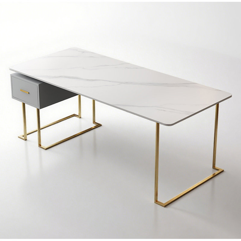 Practical Sintered Stone Office Desk with Storage Drawer, Gray/Gold, 29.5" H x 63" W x 31.5" D