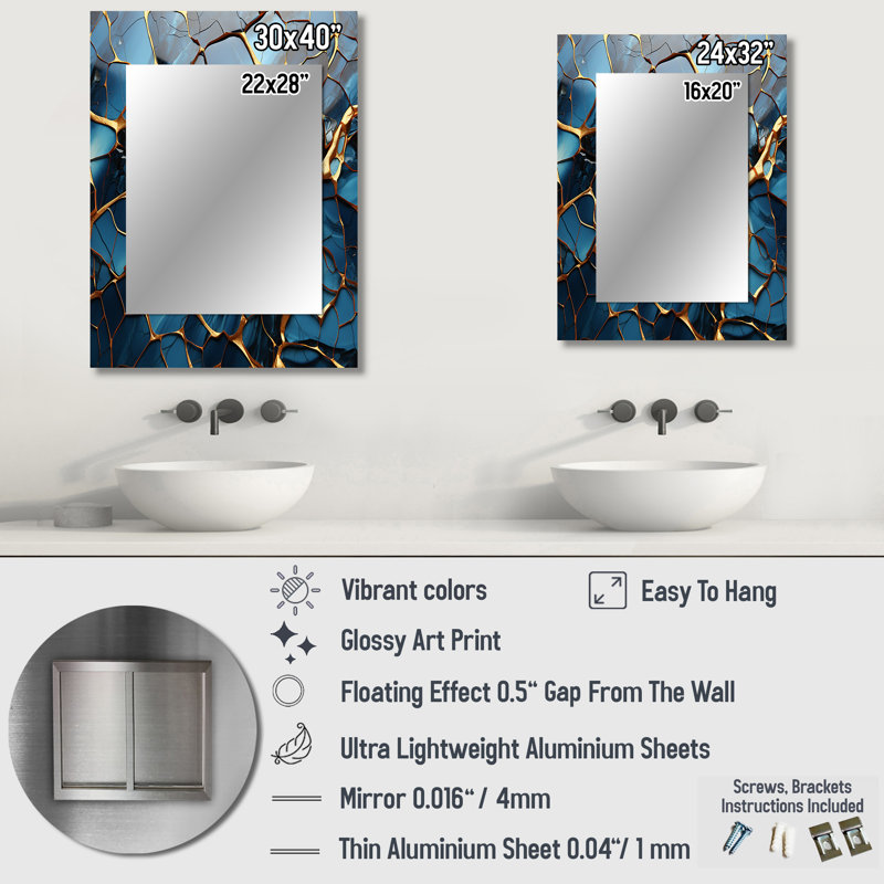 Or et or marbre bleu mosaïque agate I - miroir mural abstrait unique, miroir moderne, art imprimé en métal, 40 po x 30 po