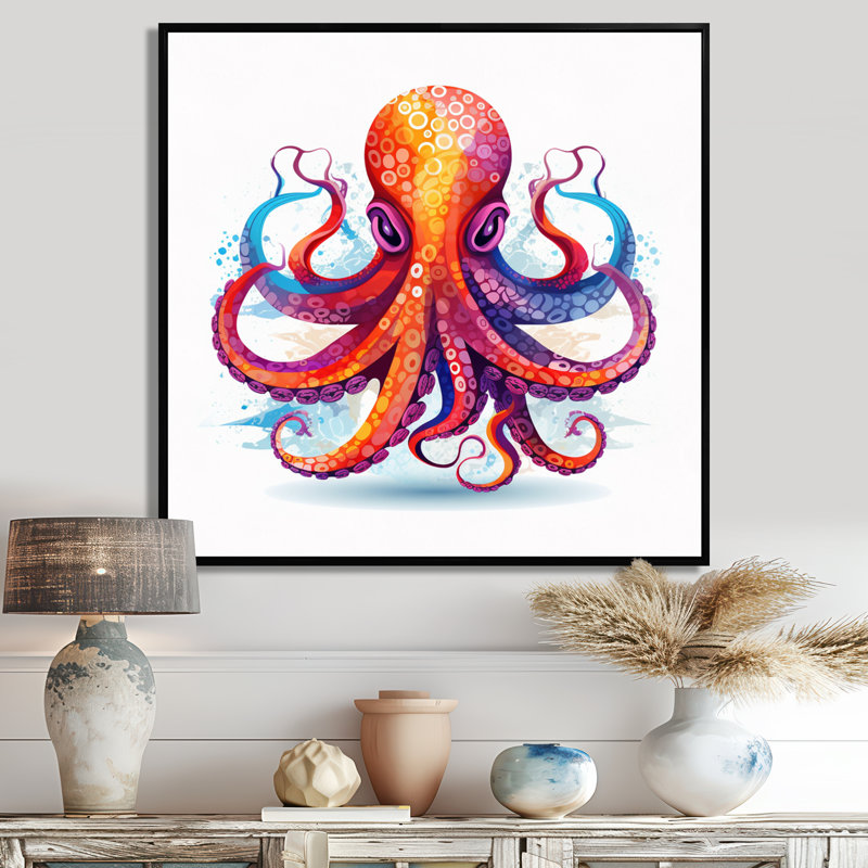 Ravenous red Octopus aquarelle - poulpe / calmar, art mural, salon, Toile flottante noire encadrée, H 16 po x l 16 po
