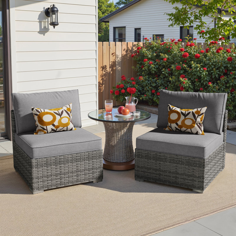 Chaise d'extérieur sans accoudoirs en osier avec coussins Aliva, Gris foncé