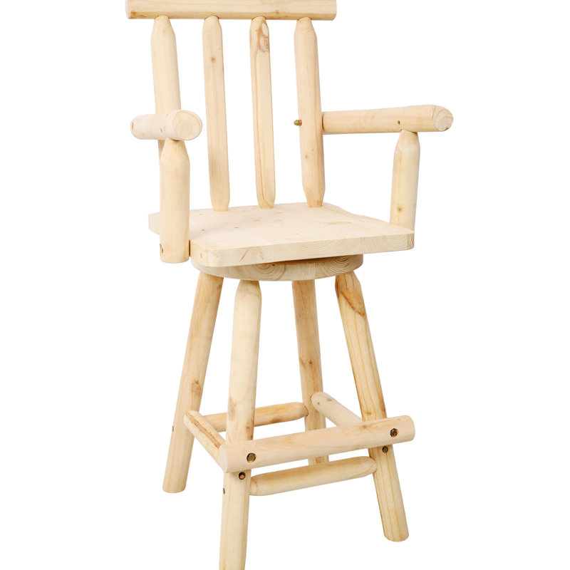 Tabouret de restaurant rustique avec pivot à 360 °, bois de sapin, brun, accoudoirs et repose-pieds pour une chaise de bar pivotante mémorable, large et confortable