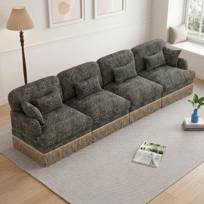 131" Leopard Print Modular Sectional Sofa, Tassel Edge, Deep Seat, Ergonomic Design, Easy Assembly for Living Room