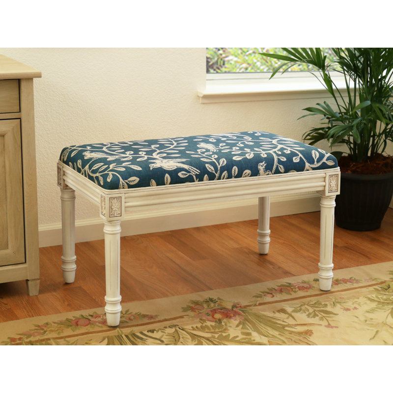 Banc en bois massif Cambel, Blanc antique / vignes bleu marine